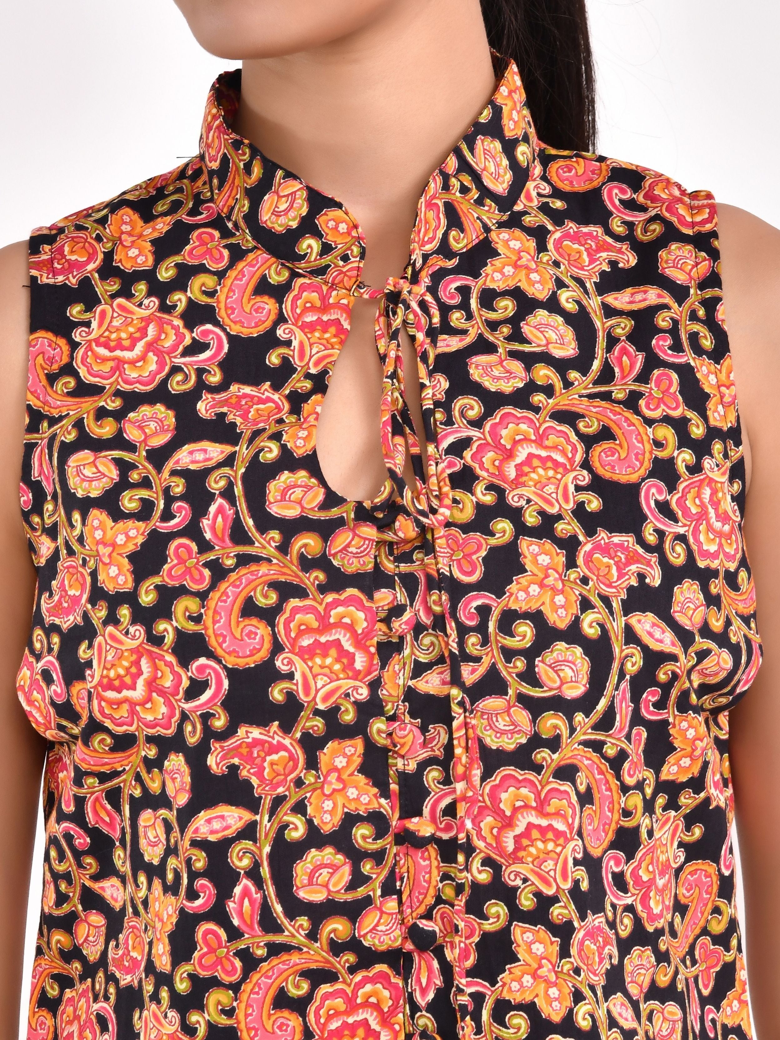 Black Floral Printed Sleeveless Cotton Top