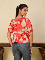 Floral Front Open Puff Sleeve Cotton Top