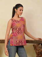 Sleeveless Printed Cotton Short Kurti