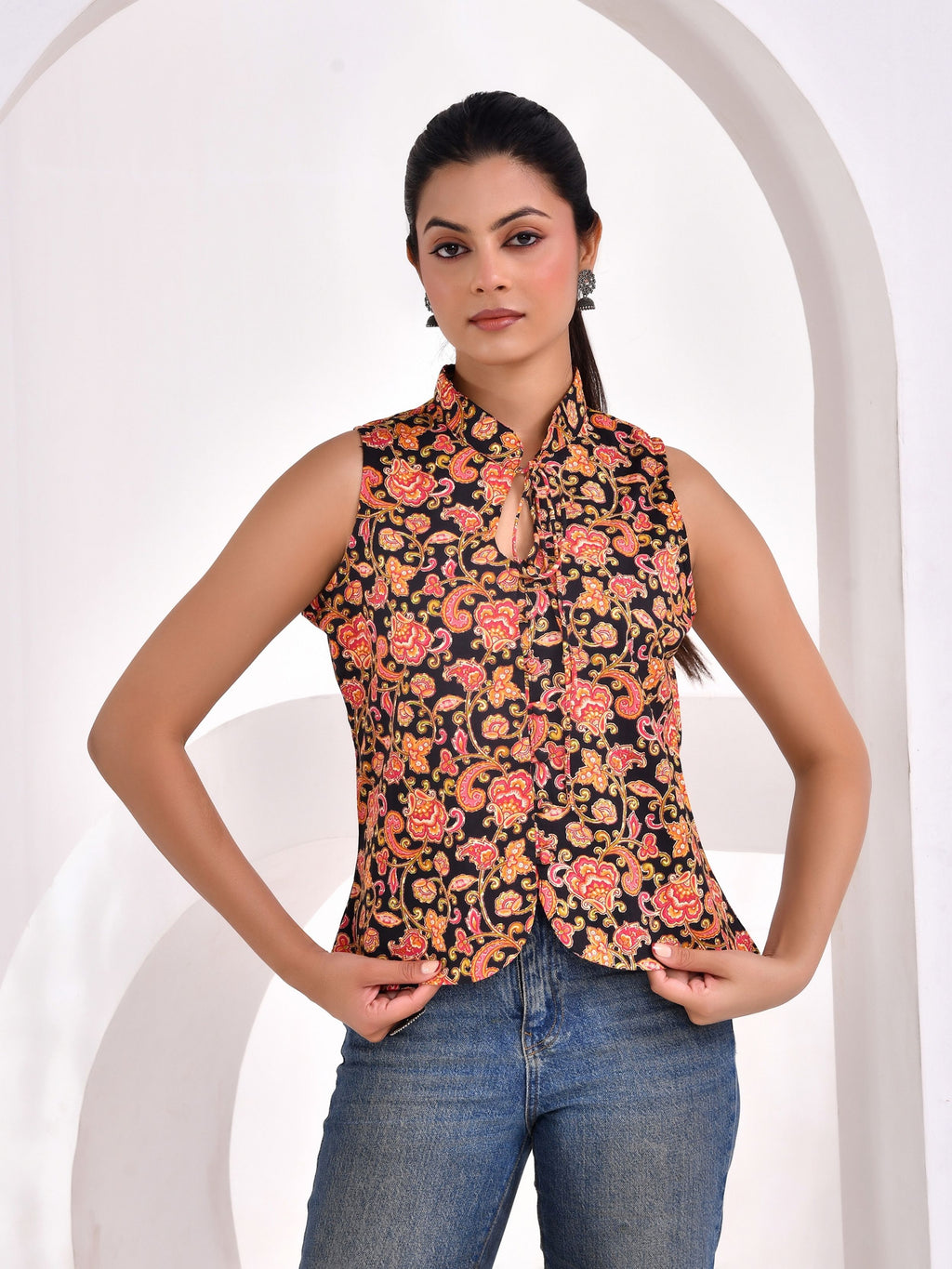 Black Floral Printed Sleeveless Cotton Top