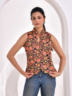 Black Floral Printed Sleeveless Cotton Top