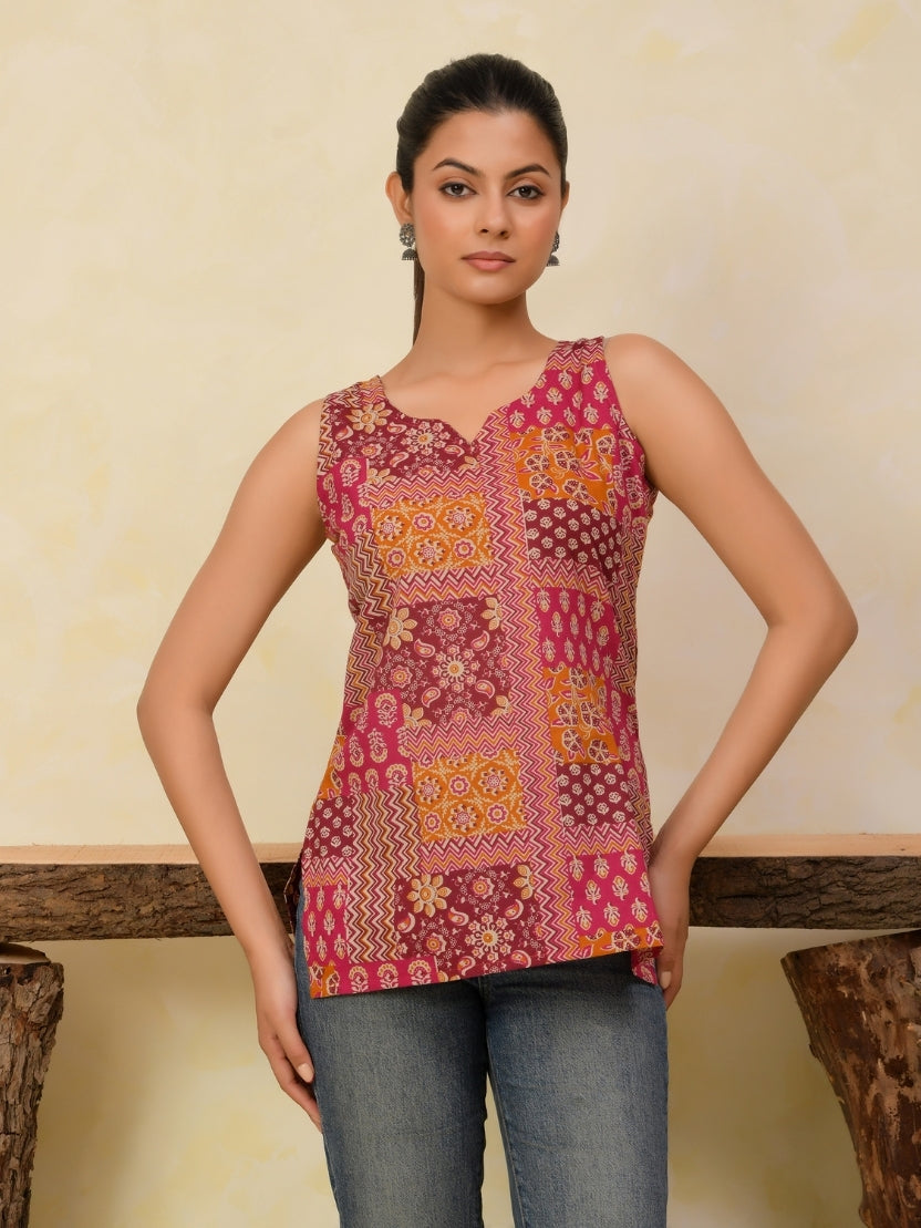 Sleeveless Printed Cotton Short Kurti