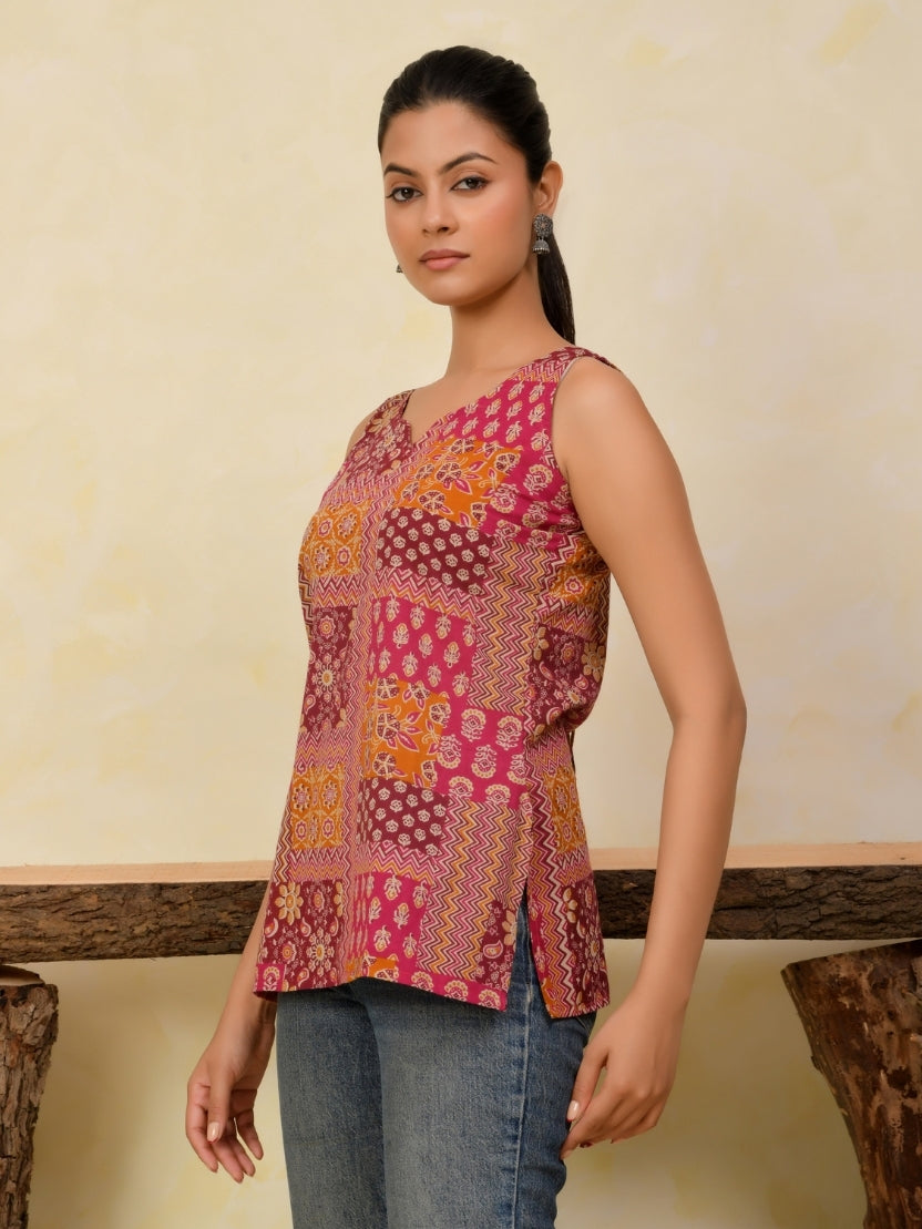 Sleeveless Printed Cotton Short Kurti