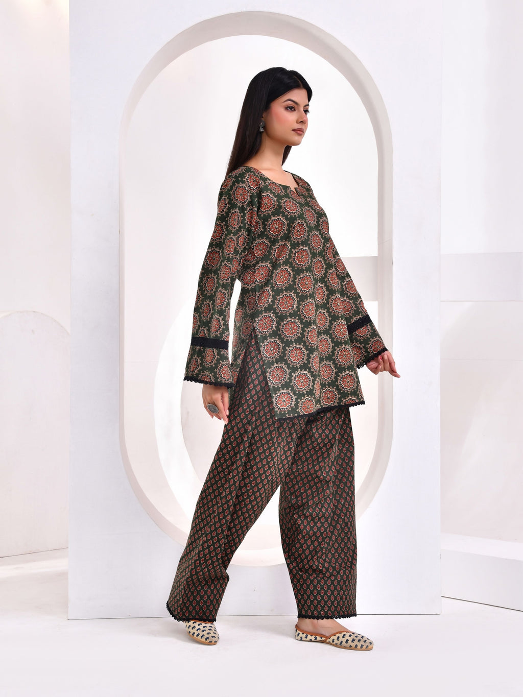 Dark Green Ajrakh Printed Kurta with Farshi Salwar Set