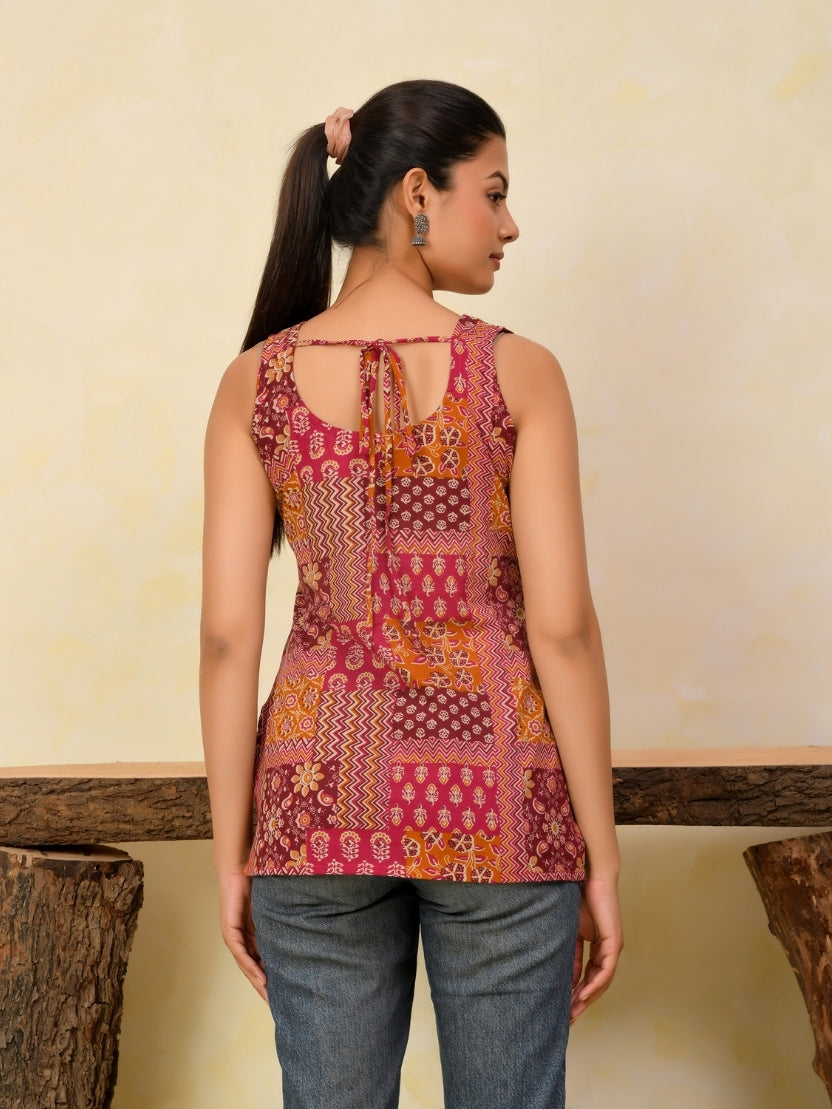 Sleeveless Printed Cotton Short Kurti