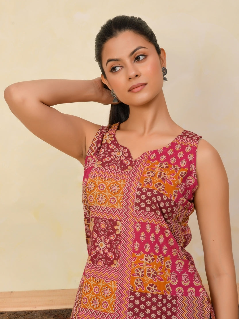 Sleeveless Printed Cotton Short Kurti