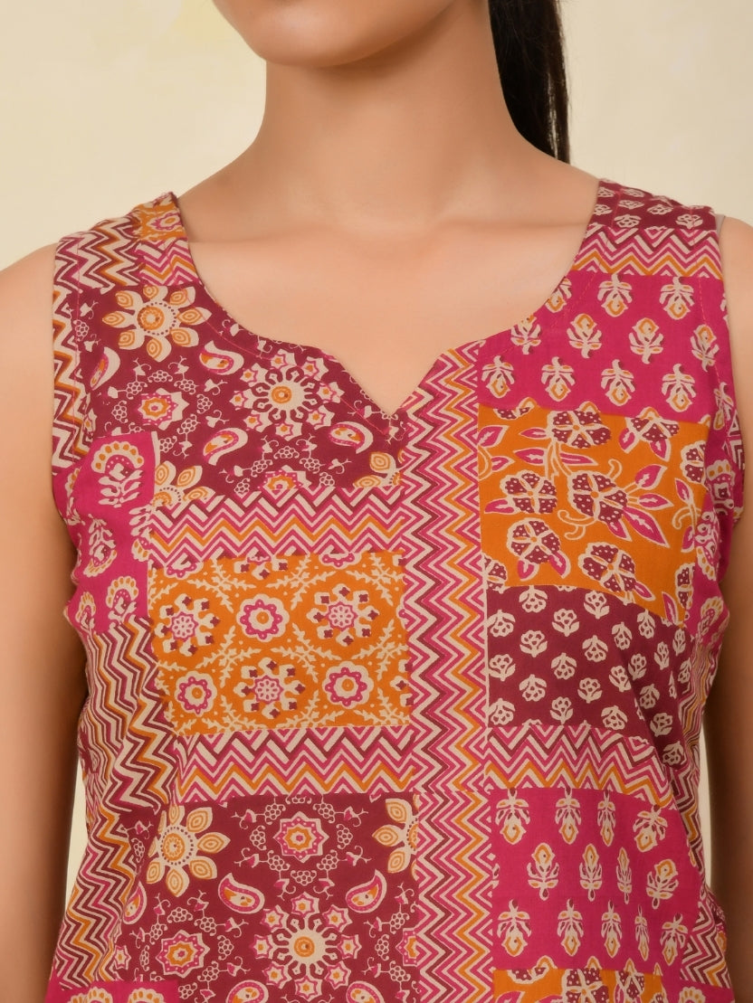 Sleeveless Printed Cotton Short Kurti