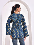 Indigo blue printed shorts kurti with Bell Sleeve