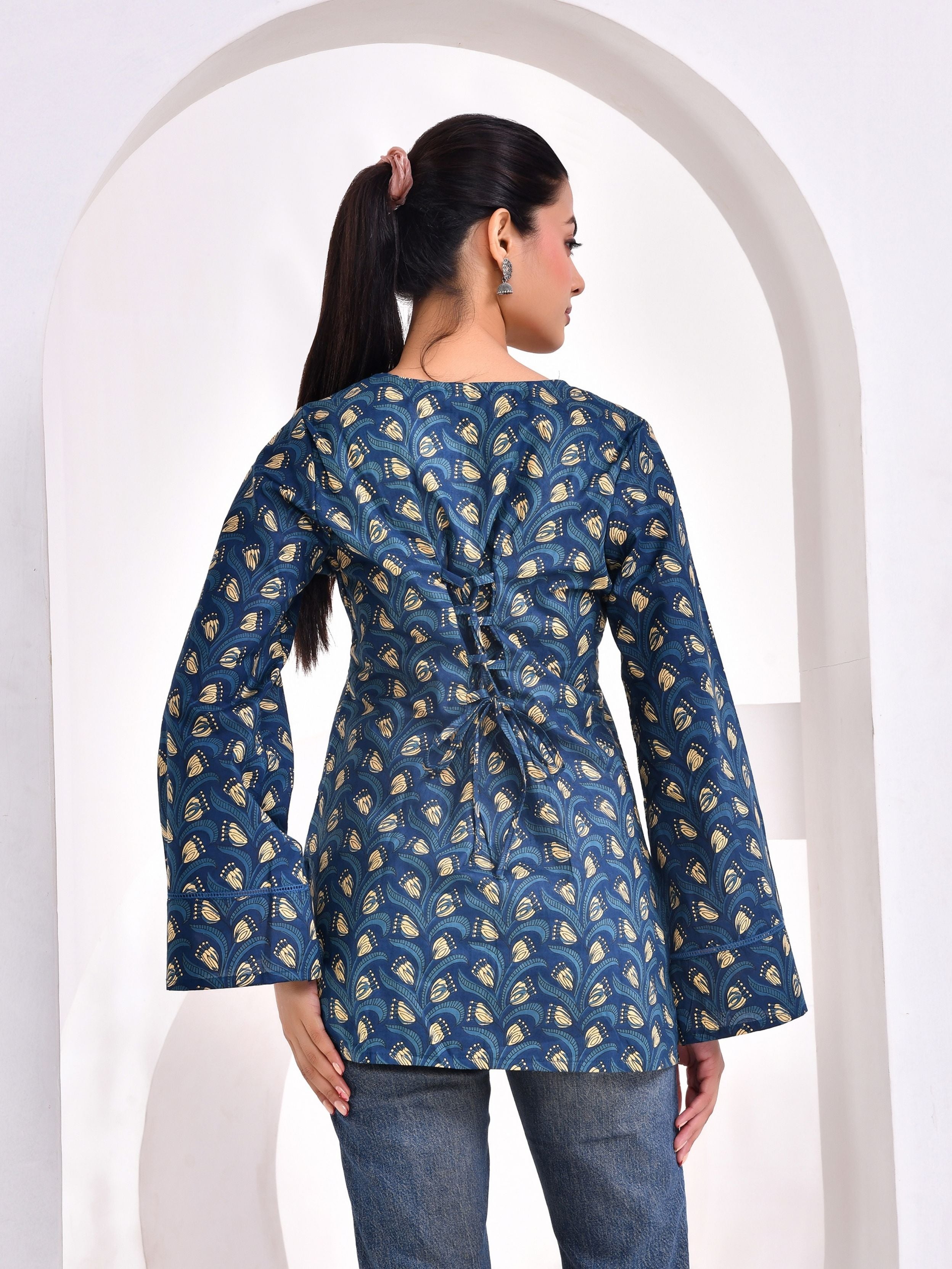 Indigo blue printed shorts kurti with Bell Sleeve