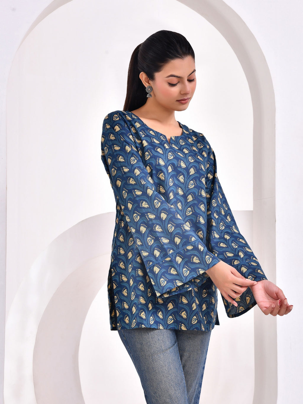Indigo blue printed shorts kurti with Bell Sleeve