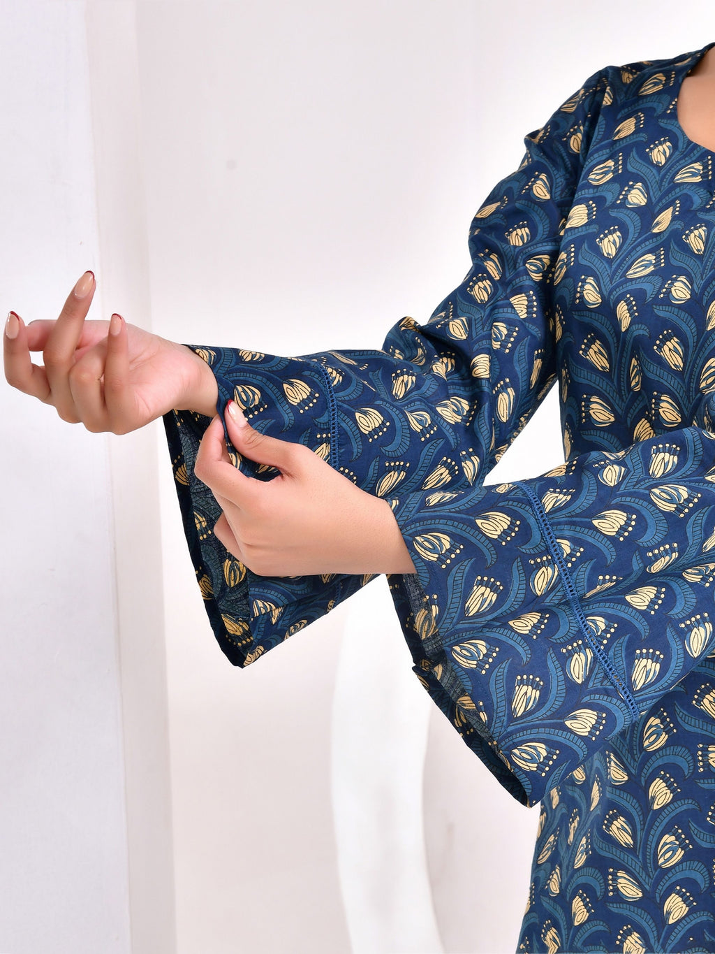 Indigo blue printed shorts kurti with Bell Sleeve