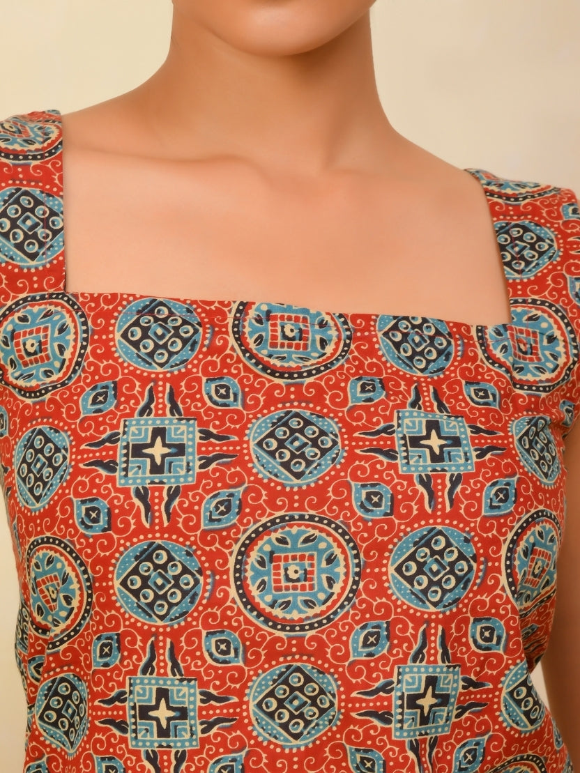 Rust Ajrakh Printed Backless Cotton Top