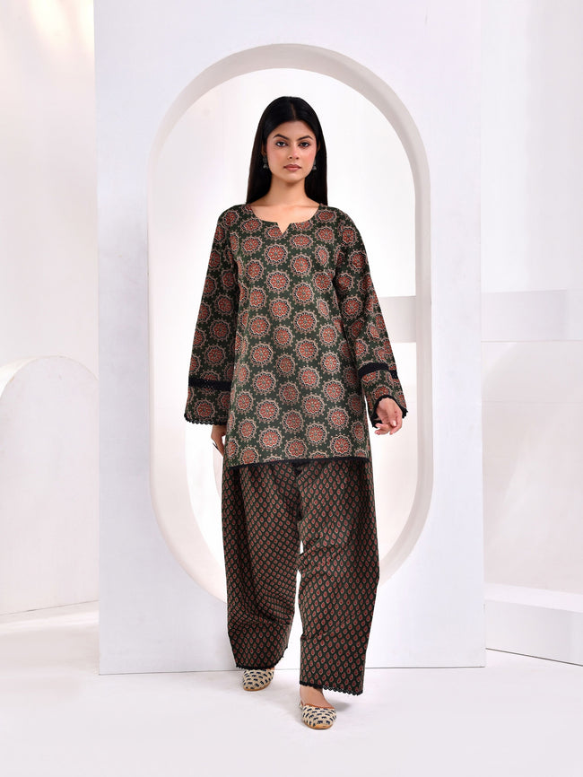Dark Green Ajrakh Printed Kurta with Farshi Salwar Set