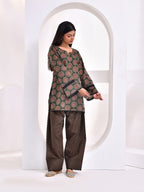 Dark Green Ajrakh Printed Kurta with Farshi Salwar Set