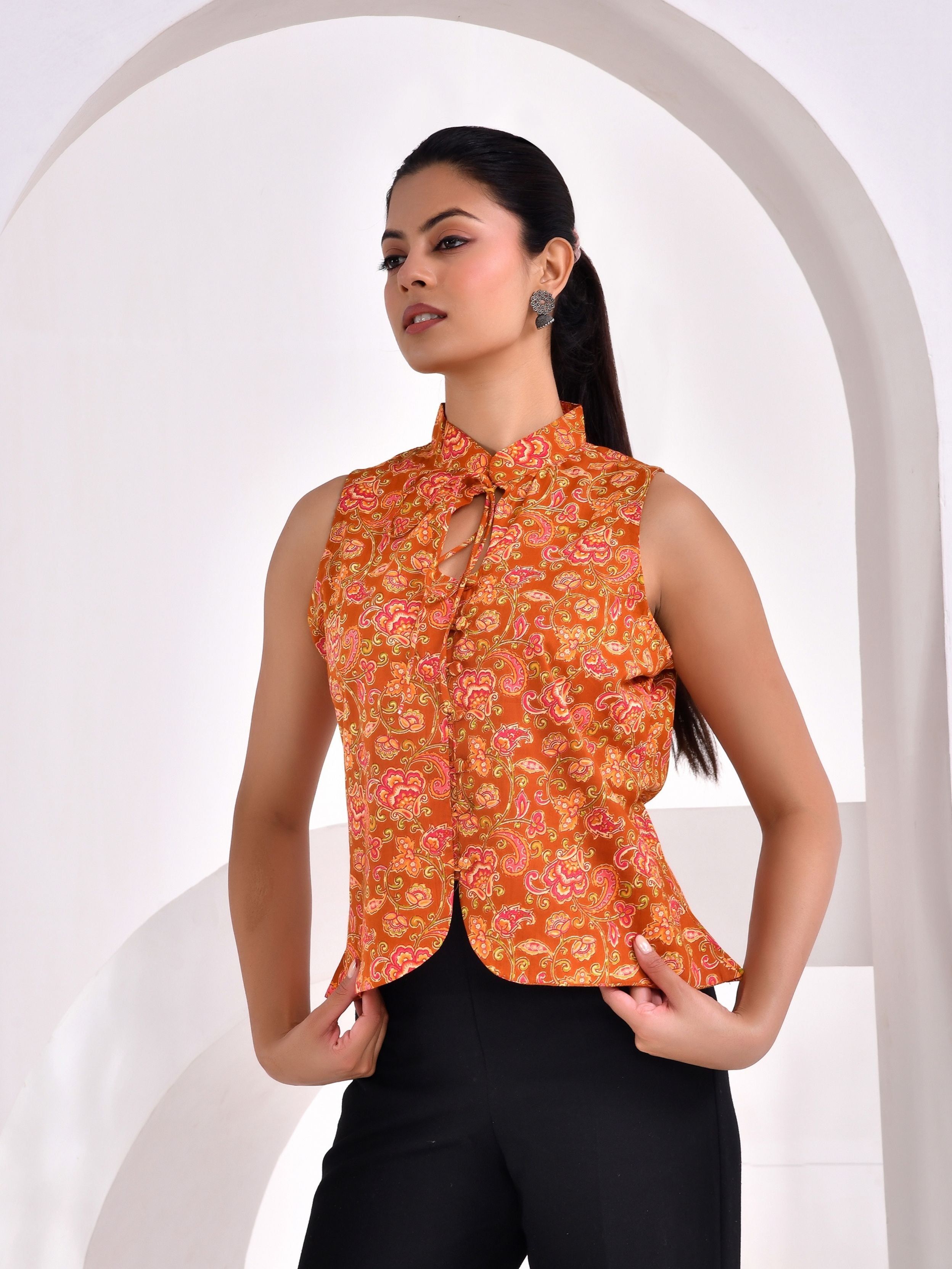 Sunset Paisley Printed Sleeveless Cotton Top