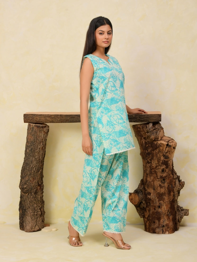 Sky Blue Printed Cotton Farshi Salwar Set