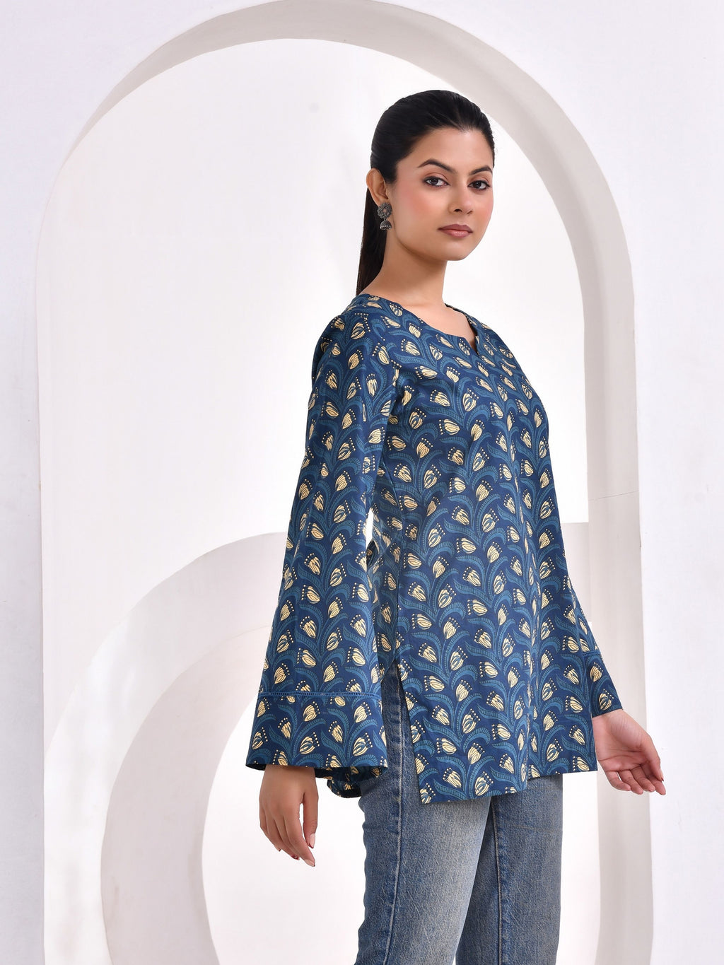 Indigo blue printed shorts kurti with Bell Sleeve