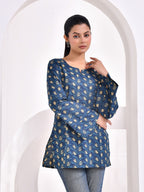 Indigo blue printed shorts kurti with Bell Sleeve