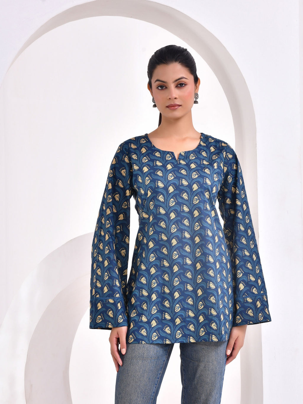 Indigo blue printed shorts kurti with Bell Sleeve