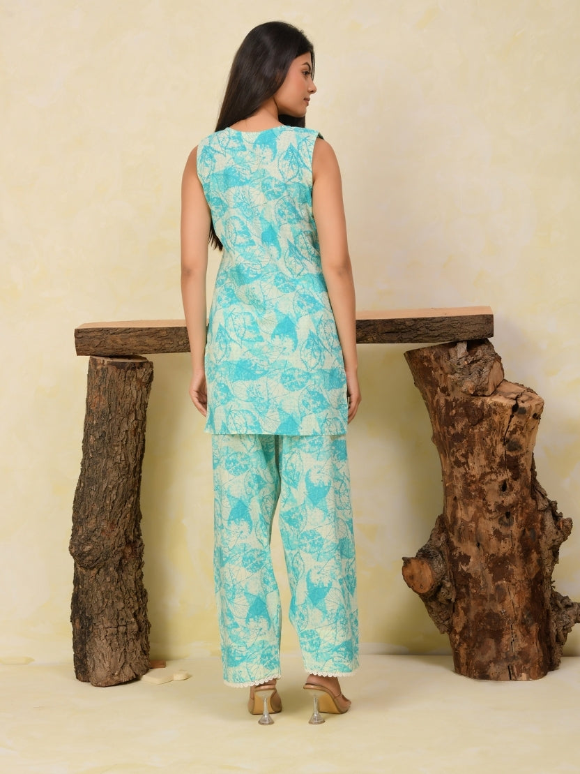 Sky Blue Printed Cotton Farshi Salwar Set