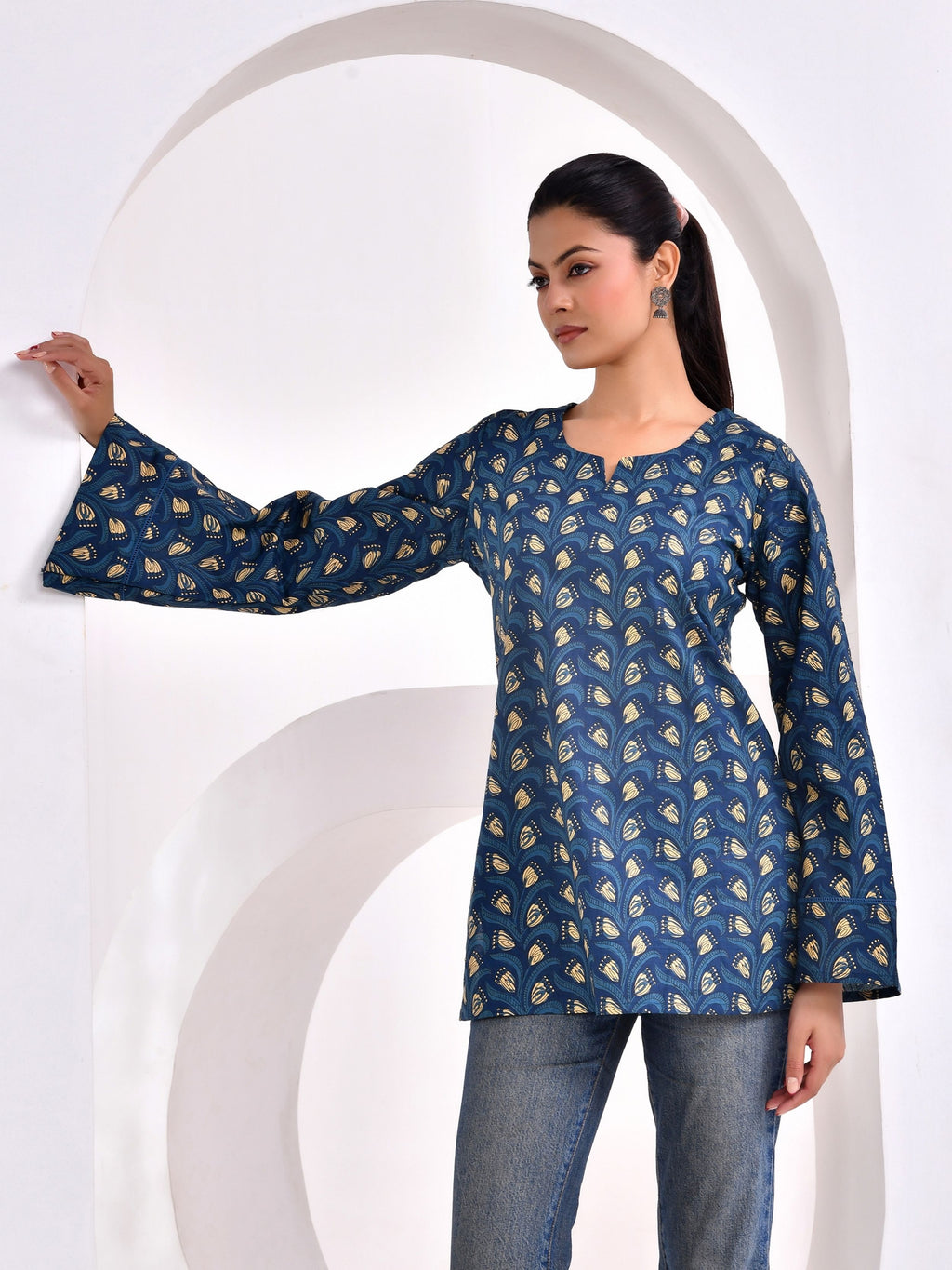 Indigo blue printed shorts kurti with Bell Sleeve