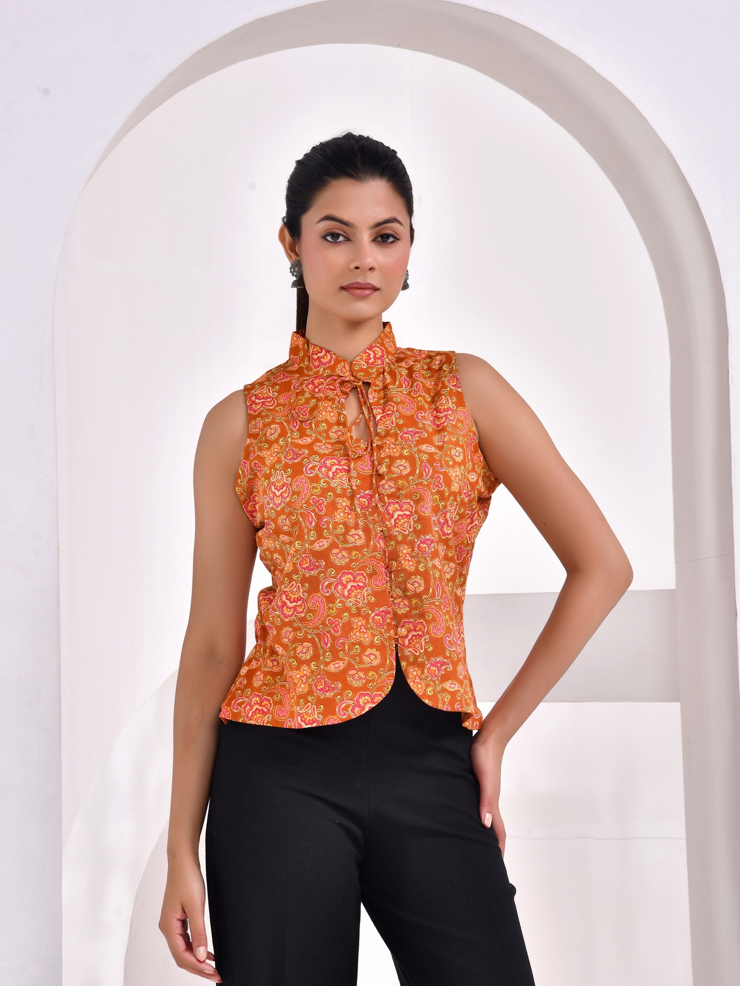 Sunset Paisley Printed Sleeveless Cotton Top