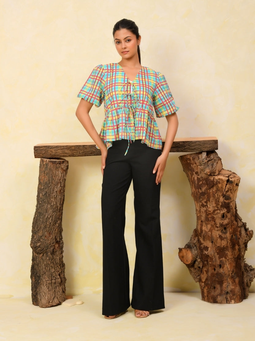Front Open Puff Sleeve Cotton Top