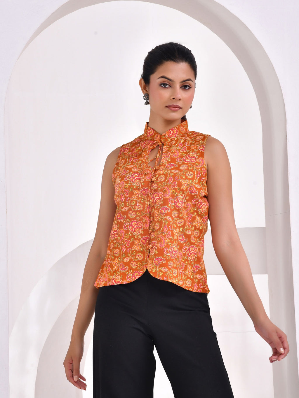 Sunset Paisley Printed Sleeveless Cotton Top
