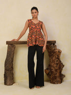 Black Floral Printed Sleeveless Peplum Top