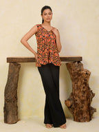 Black Floral Printed Sleeveless Peplum Top
