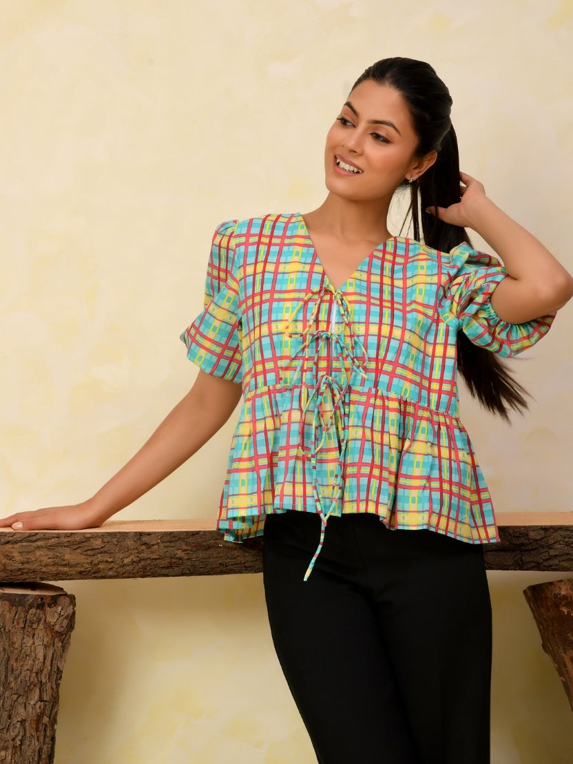 Front Open Puff Sleeve Cotton Top