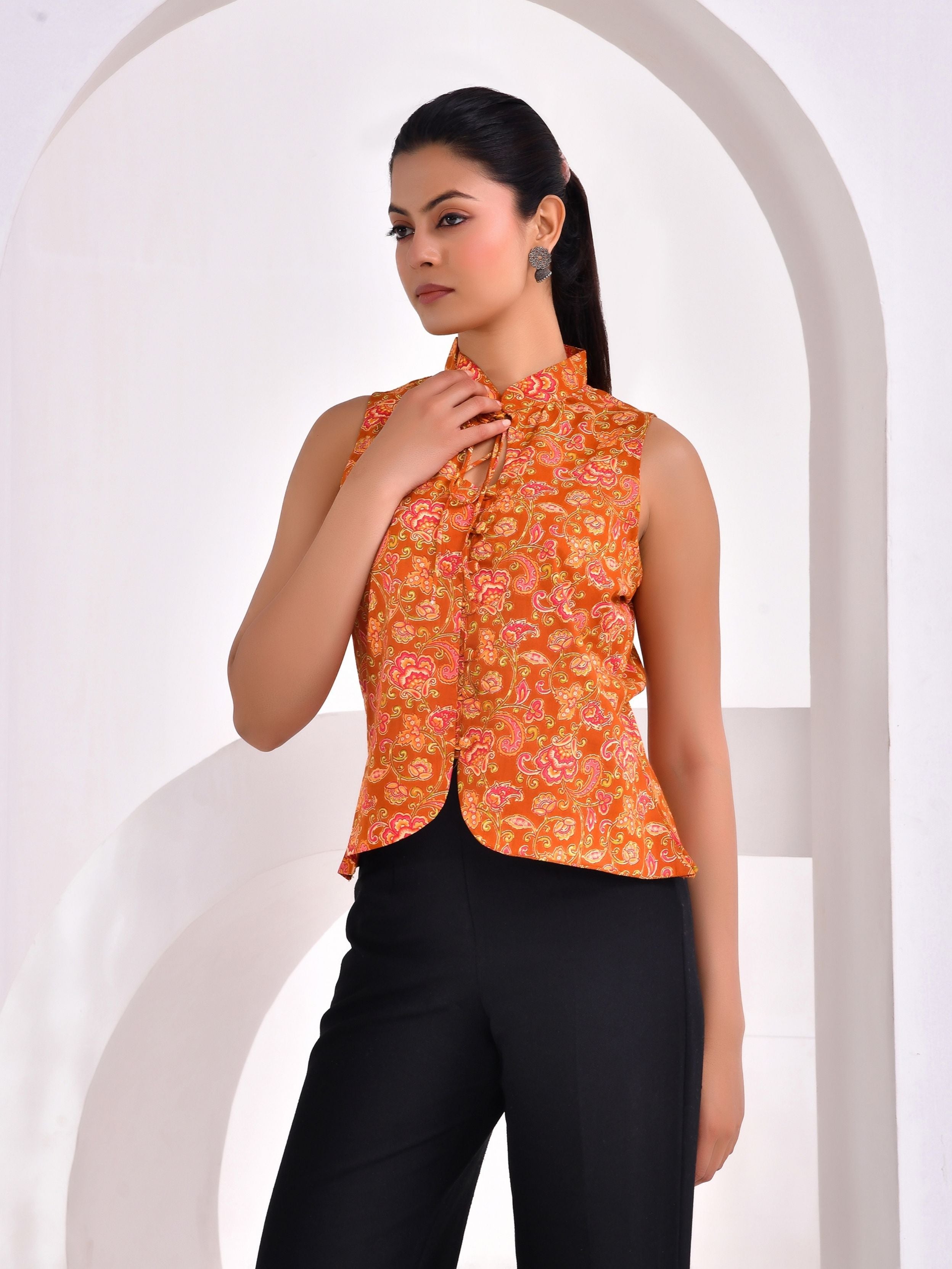 Sunset Paisley Printed Sleeveless Cotton Top