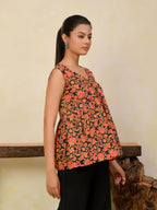 Black Floral Printed Sleeveless Peplum Top
