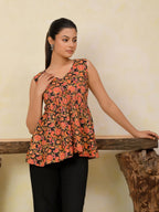 Black Floral Printed Sleeveless Peplum Top