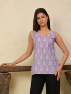 Lavender Printed Sleeveless Short Kurti