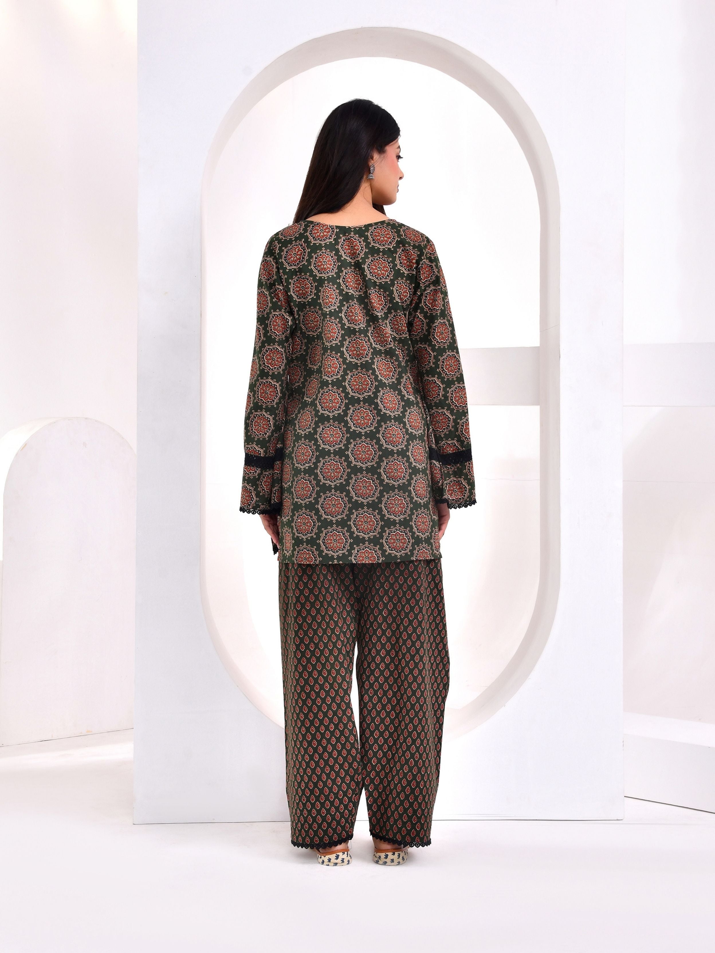 Dark Green Ajrakh Printed Kurta with Farshi Salwar Set