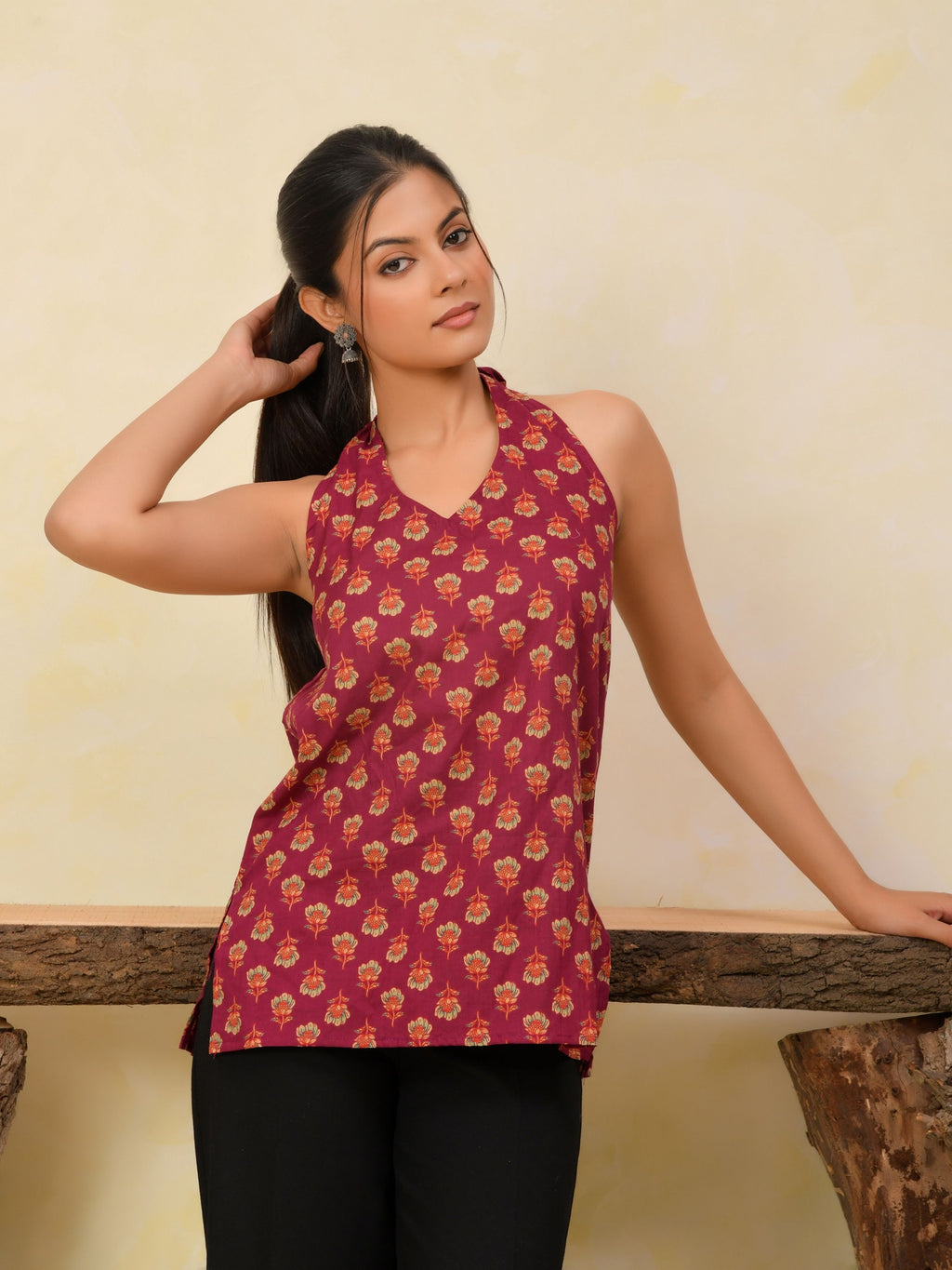 Wine Printed Halter Neck Short Kurti