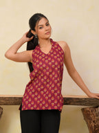 Wine Printed Halter Neck Short Kurti