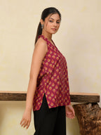 Wine Printed Halter Neck Short Kurti