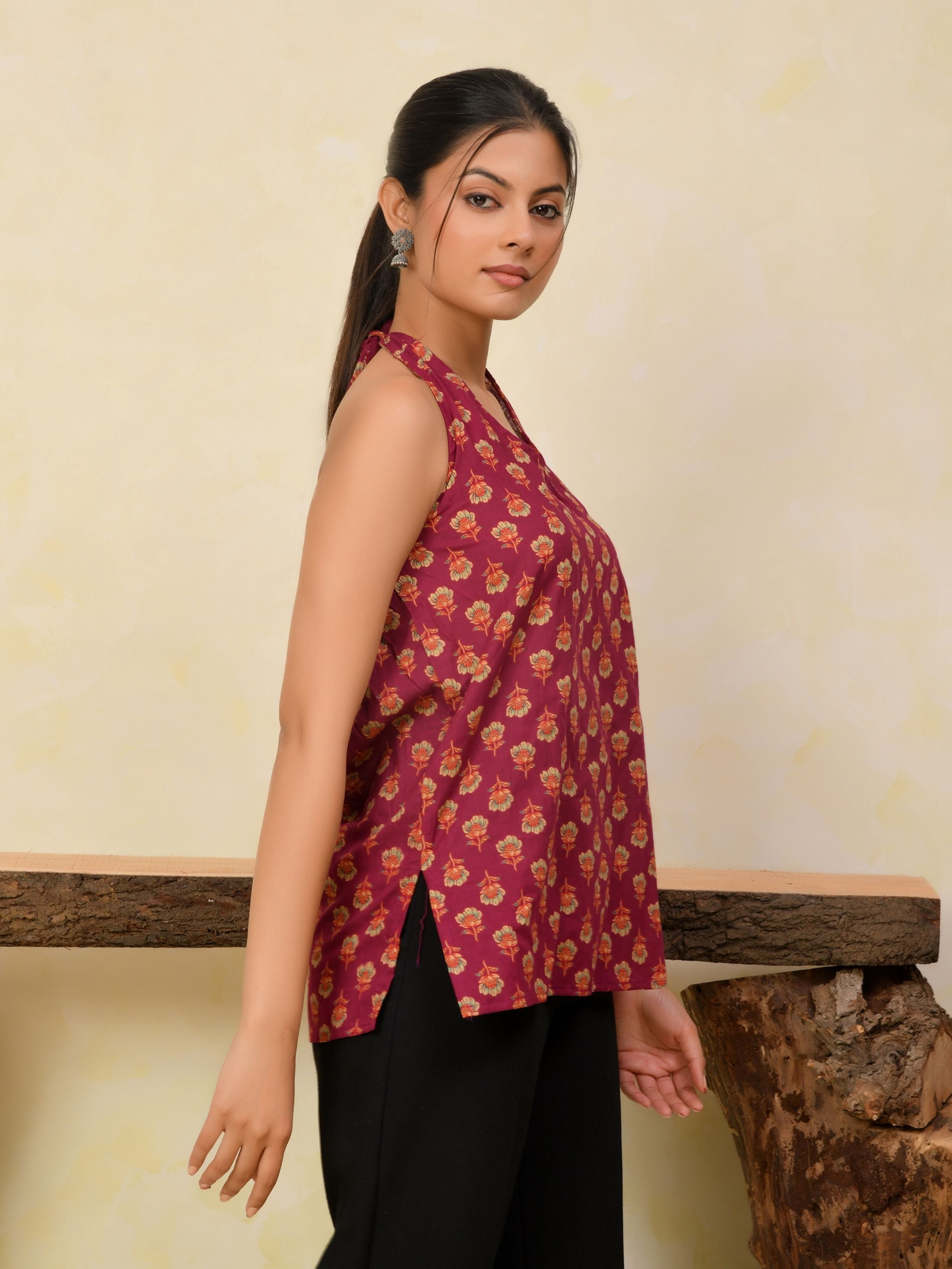 Wine Printed Halter Neck Short Kurti