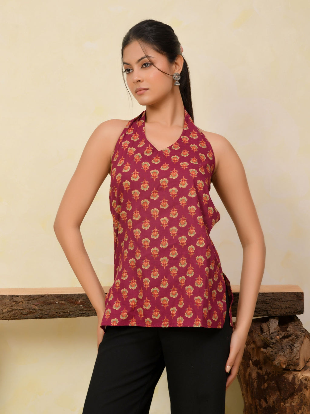 Wine Printed Halter Neck Short Kurti