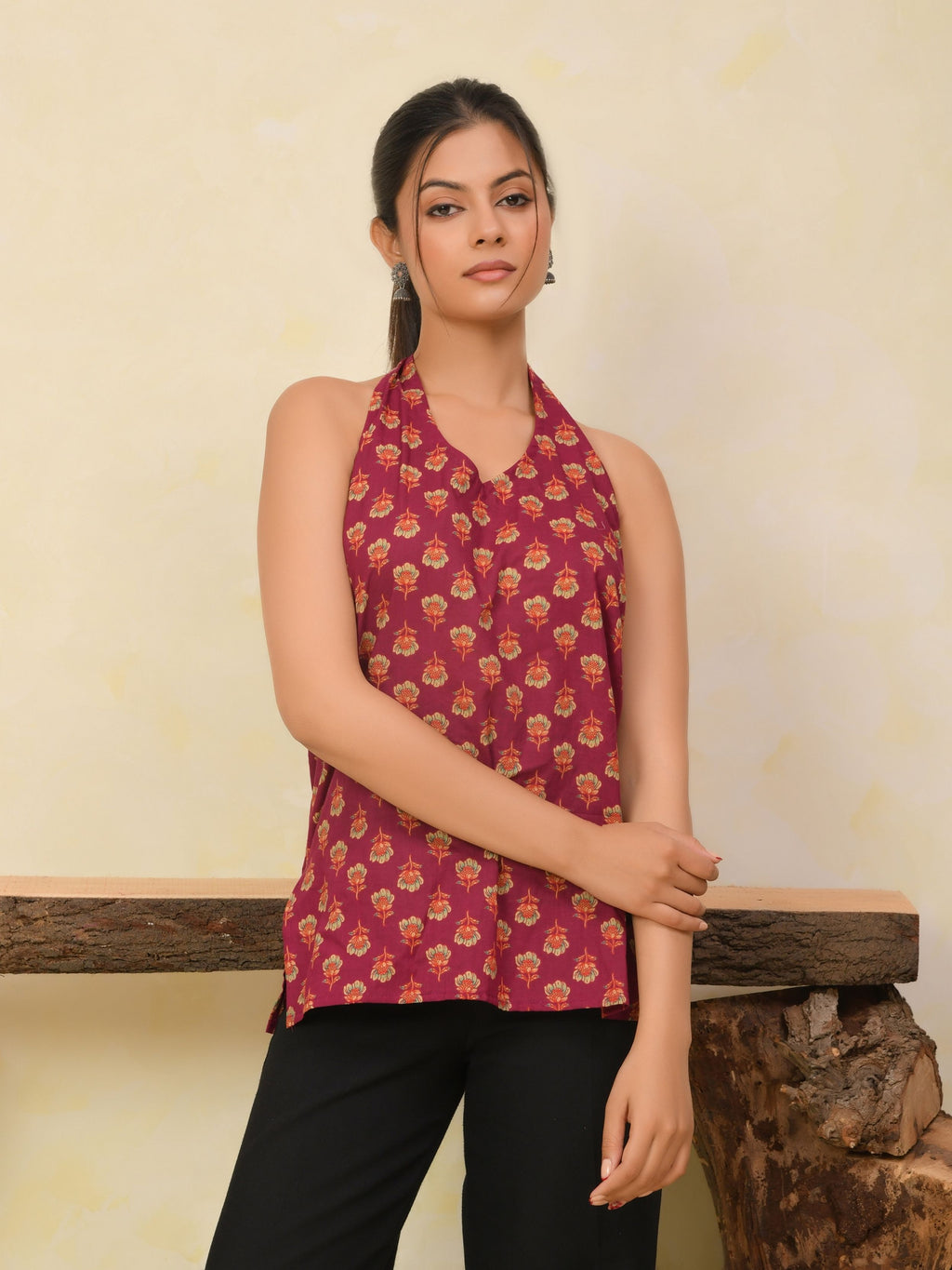 Wine Printed Halter Neck Short Kurti