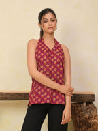 Wine Printed Halter Neck Short Kurti