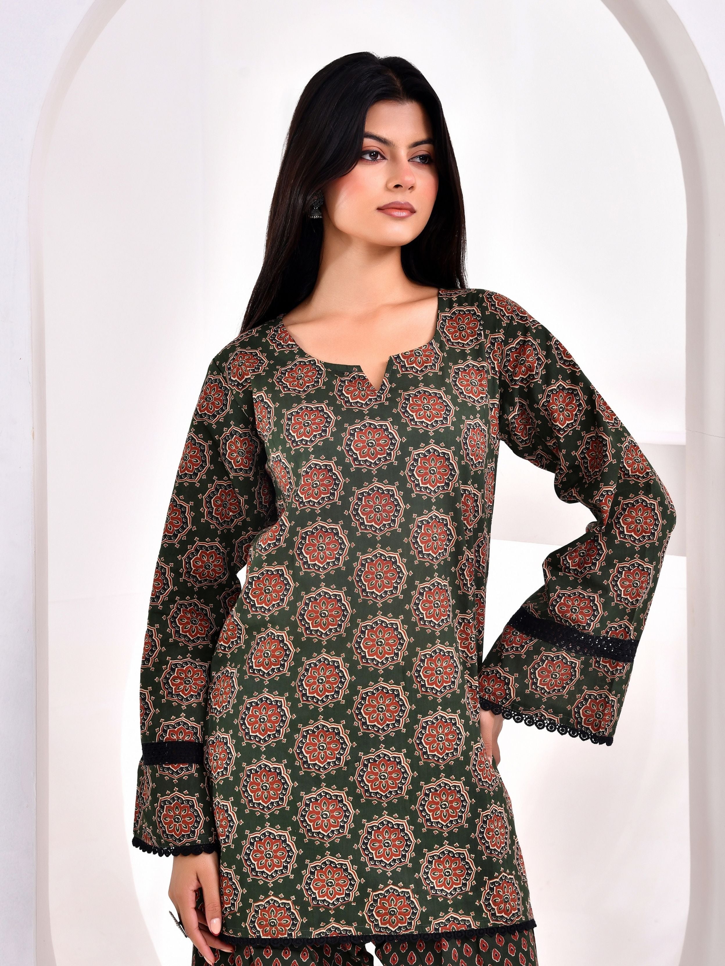 Dark Green Ajrakh Printed Kurta with Farshi Salwar Set