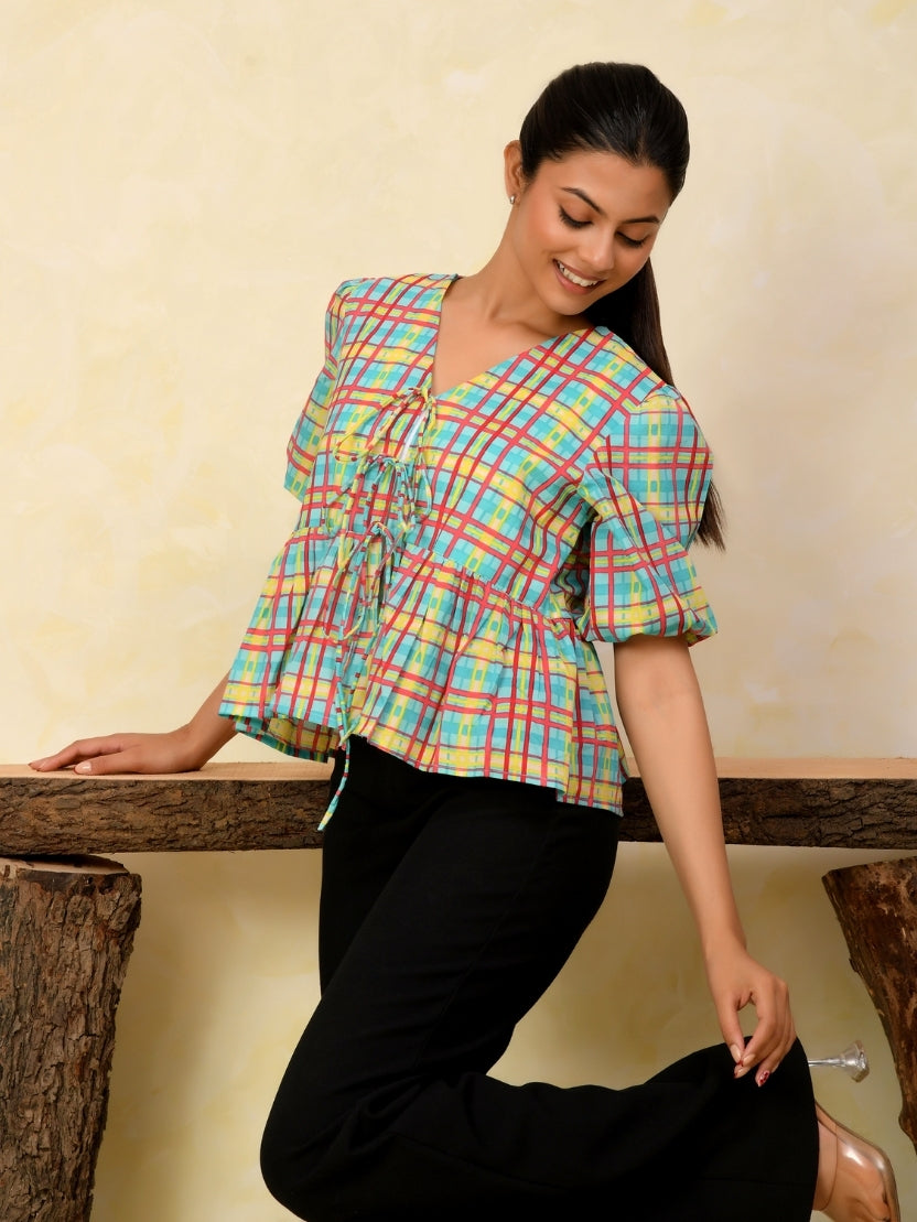 Front Open Puff Sleeve Cotton Top