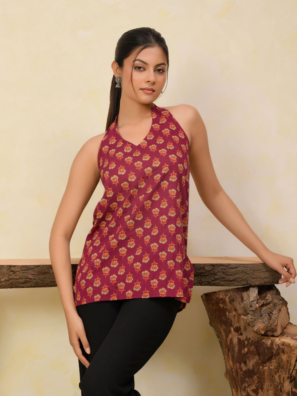 Wine Printed Halter Neck Short Kurti
