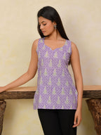 Lavender Printed Sleeveless Short Kurti