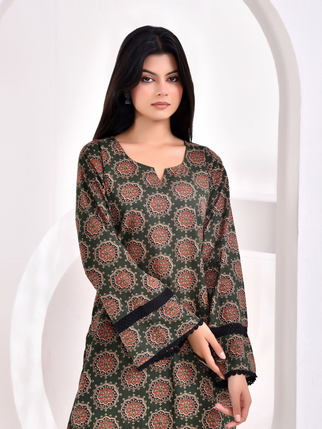 Dark Green Ajrakh Printed Kurta with Farshi Salwar Set