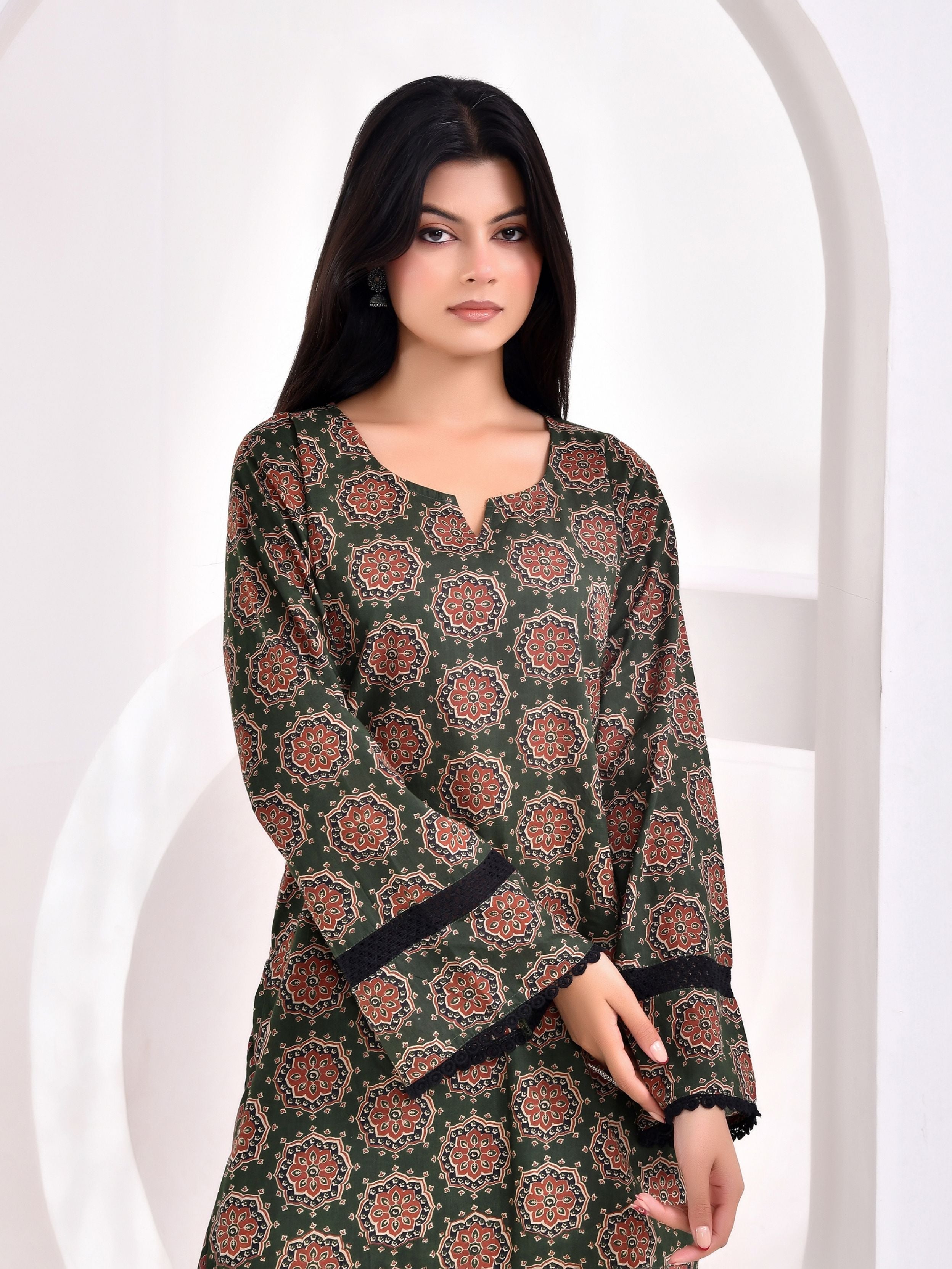 Dark Green Ajrakh Printed Kurta with Farshi Salwar Set