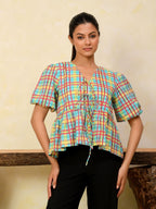 Front Open Puff Sleeve Cotton Top